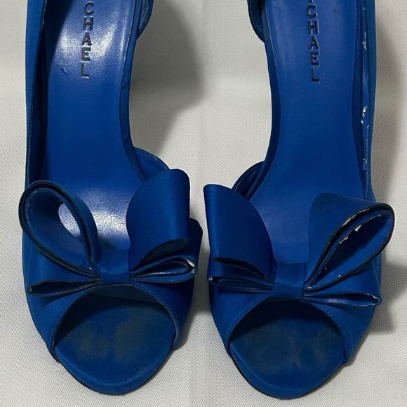 Michael - Blue Satin Peep-Toe Pumps with Bow Accent - Picture 1 of 5